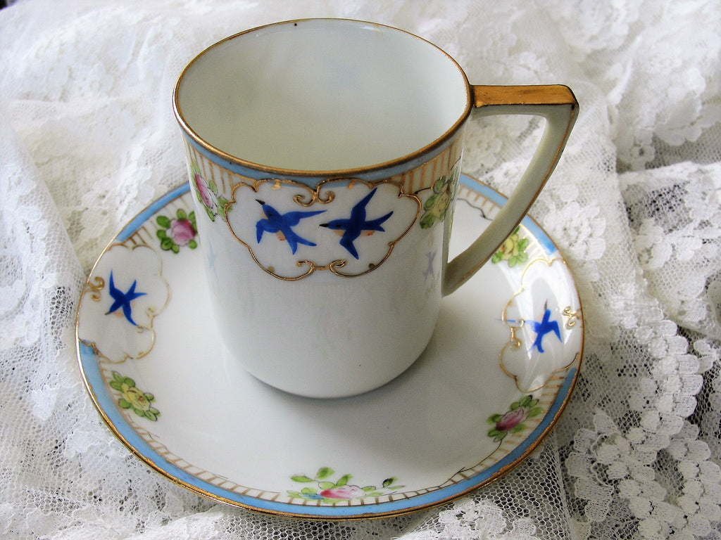 CHARMING Antique Nippon China BLUE BIRD Demitasse Cup and Saucer,Raised Enameled Gold, Hand Painted Pink Roses and Blue Birds, Collectible