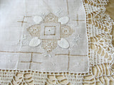 LOVELY Vintage BRIDAL Wedding Handkerchief WIDE Hand Crochet Lace Hankie Special Hanky, WhiteWork Flowers Embroidery, Collectible Hankies