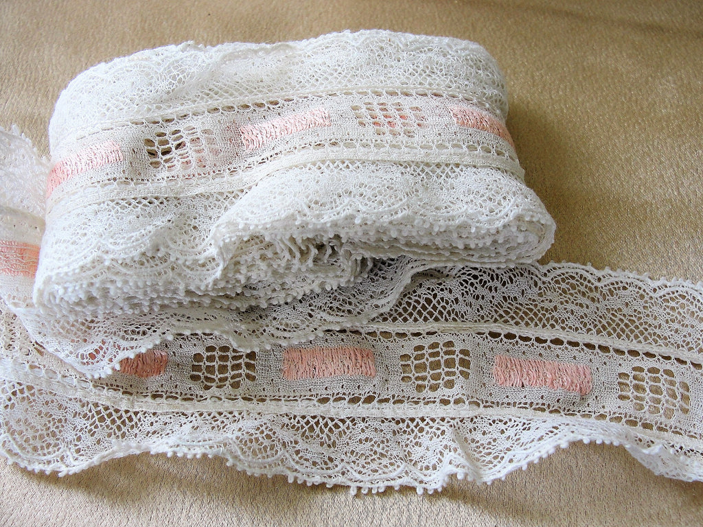 BEAUTIFUL Antique French Lace,Intricate Pink White Pattern,Cotton Trim,Dolls,Christening Gowns,Bridal, Edwardian Lingerie,Collectible Lace