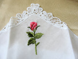 LOVELY Vintage Hanky,Handkerchief,Delicate Dainty Embroidered Hankie,Pink Rose Flower Lace, Something Old Bridal Gift,Collectible Hankies