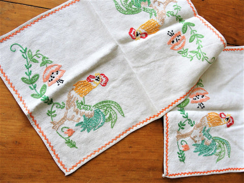 VINTAGE French Country Embroidered Linen Centerpiece or Place Mats,Rooster Embroidery,Farm House Decor,Collectible French Linens, Textiles