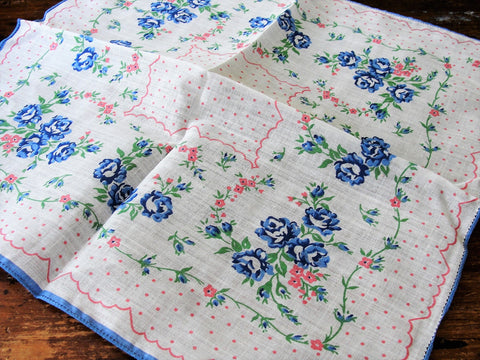 50s VINTAGE Printed Floral Hanky,Colorful PINK Flowers BLUE Roses hankie,Handkerchief To Frame,Collectible Hankies,Bridal,Hankies To Collect