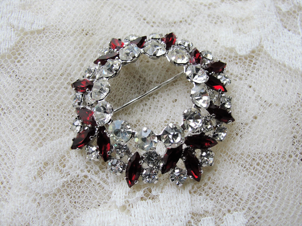 Vintage SHERMAN Signed Glittering White and Garnet Red Rhinestone Brooch,Prong Set,Brilliant Dazzling Swarovski Crystal,COLLECTIBLE Jewelry