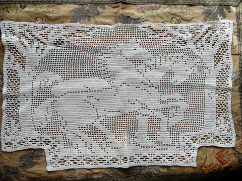 ANTIQUE Crochet Chair Back Doily,Horses, Hand Made Crochet Lace Farmhouse,French Country Cottage Decor, Man Cave, Collectible French Doilies