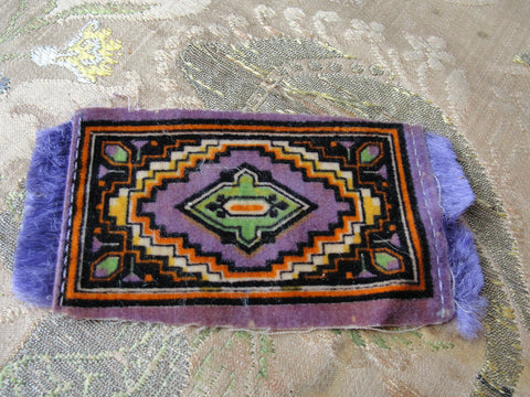 Beautiful Antique Miniature Doll House Intricate Mini Carpet Rug,1910 Tobacco Premium,Lovely Rare Purple Color Pattern,Fringed Doll Size Rug