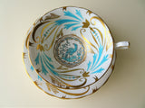 LUXURIOUS Hand Painted Teacup and Saucer,English Bone China Royal Chelsea,Turquoise Enamel and Lush Gold,Bird Motif,Luxurious Cup and Saucer