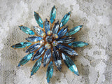 LOVELY Huge Layered Art Glass Rhinestone Brooch Pin,Floral Design,Aqua Blue,Blue and Aurora Borealis Stones, Mid Century,Collectible Jewelry