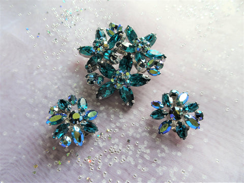 GORGEOUS Vintage Brooch and Earrings Set,Sherman Signed Teal Blue Turquoise Aurora Borealis Swarovski Rhinestones,Collectible Jewelry