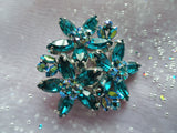 GORGEOUS Vintage Brooch and Earrings Set,Sherman Signed Teal Blue Turquoise Aurora Borealis Swarovski Rhinestones,Collectible Jewelry