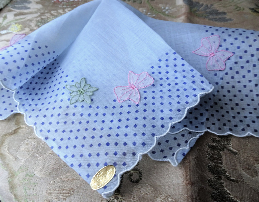 PRETTY Novelty Hanky,Blue Handkerchief Pink Bows Blue Flowers,Appliques,Label Made in Switzerland,Collectible Hankies, Bridal Wedding Hanky