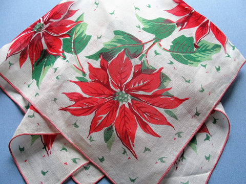 1950s COLORFUL Christmas Vintage Handkerchief,Holiday Printed Hankerchief,Red Poinsettias,Hankie Xmas,Hanky,Collectible Hankies