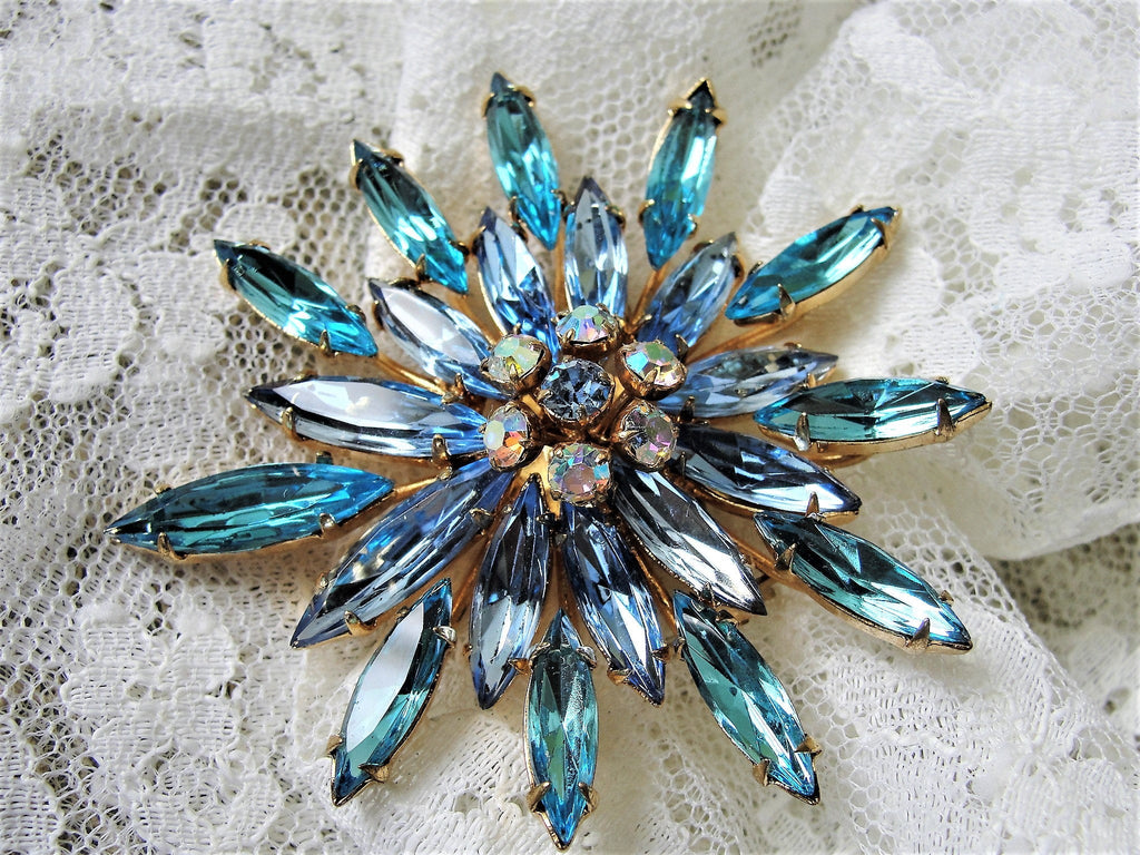 LOVELY Huge Layered Art Glass Rhinestone Brooch Pin,Floral Design
