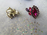 VINTAGE 50s SHERMAN Signed Earrings,Fuchsia Pink Purple Art Glass Earrings,Glittering Rhinestone Clip Ons,Collectible Mid Century Jewelry