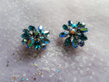 GORGEOUS Vintage Brooch and Earrings Set,Sherman Signed Teal Blue Turquoise Aurora Borealis Swarovski Rhinestones,Collectible Jewelry