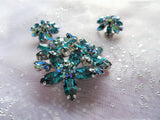 GORGEOUS Vintage Brooch and Earrings Set,Sherman Signed Teal Blue Turquoise Aurora Borealis Swarovski Rhinestones,Collectible Jewelry