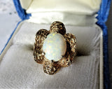 LOVELY Opal Ring,Mid Century Gold and Opal Cocktail or Daytime Ring,Textured Ruffled Setting,Large Colorful Opal,Collectible Fine Jewelry