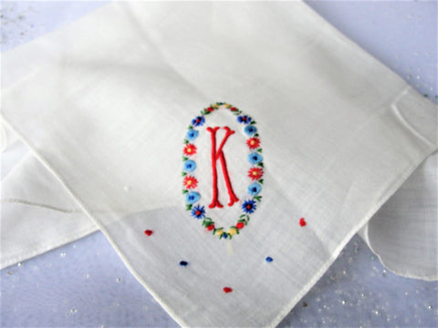 VINTAGE 1950s Monogram K Hanky Pretty Floral Embroidery Handkerchief,Something Blue,Bridal Hankie,Collectible Vintage Hankies