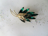 BEAUTIFUL Art Glass Brooch,Emerald Green Elongated Marquise Pin,Striking Design,Gold Tone Metal Leaves, Collectible Mid Century Jewelry