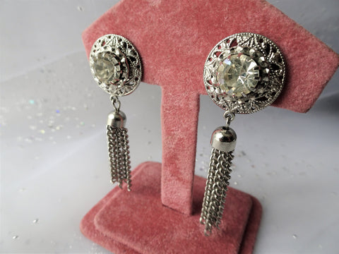 GLAMOROUS Vintage Art Deco Style Earrings,Brilliant Glass Drop Earrings,Silver Tassel Drops,Dangle Flapper Earrings,Collectible Jewelry
