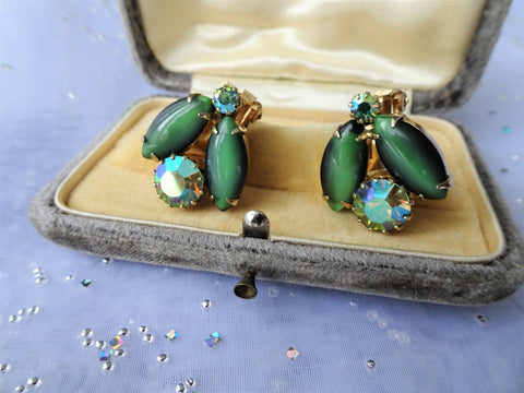 VINTAGE Earrings,Art Glass Green Moonstones,Glittering Aurora Borealis Rhinestones Clip Ons,Cluster Earrings,Collectible Mid Century Jewelry