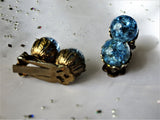 SPARKLING 1950s Art Glass Earrings,Blue Crackle Glass Earrings,Filigree Gold Metal Clip On Earrings, Mid Century,Collectible Jewelry