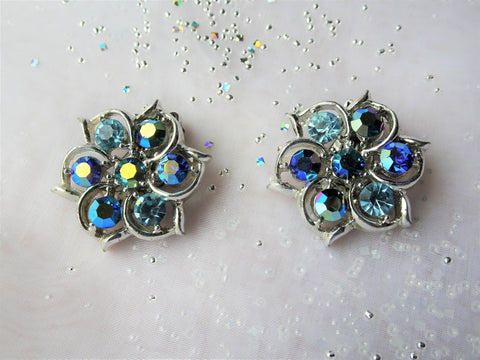 FABULOUS Vintage Blue Crystals and AB Rhinestone Earrings,Lovely Sparkling Floral Design,Mid Century Clip On Earrings,Collectible Jewelry