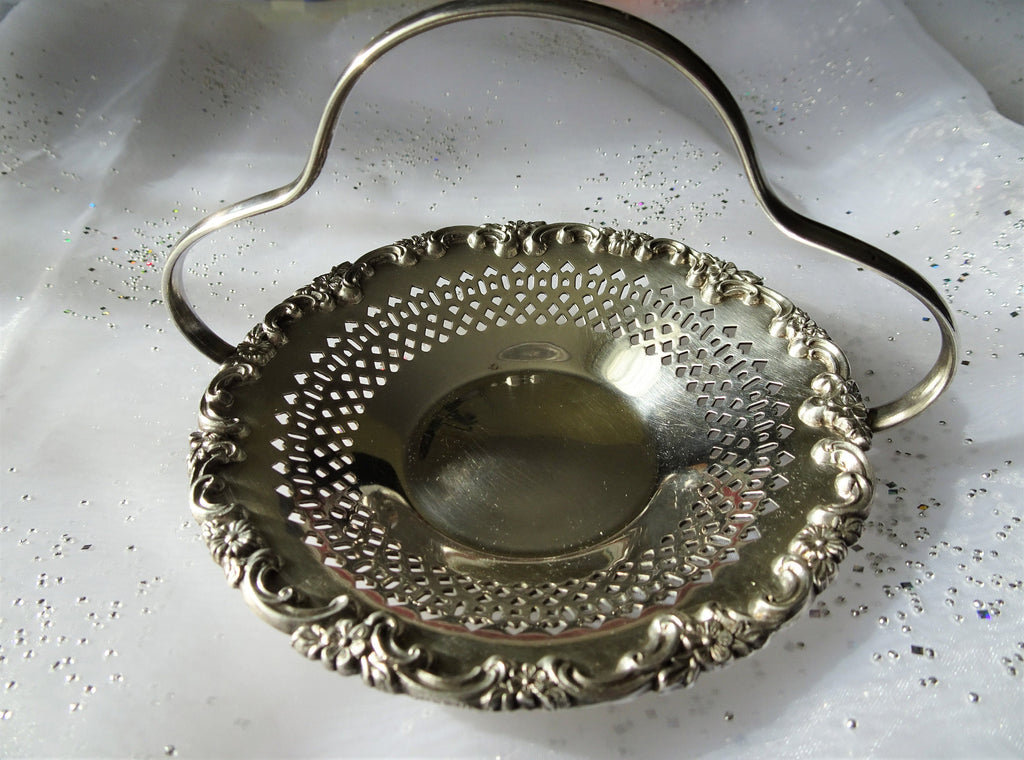 LOVELY Silver Handled Basket,Candy Basket,Sweetmeats or Condiment Dish,Nickel Silver Open Work,French Decor,Tea Time,Collectible Silver