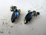 SPARKLING Vintage 50s Earrings,GLITTERING Art Glass,Blue Glass,Rhinestone Clip Ons,Glass Earrings,Collectible Mid Century Jewelry