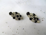 STRIKING Black and White Glass Earrings,Vintage Sparkling Rhinestone Clip On Earrings,Collectible Mid Century Jewelry