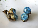 SPARKLING 1950s Art Glass Earrings,Blue Crackle Glass Earrings,Filigree Gold Metal Clip On Earrings, Mid Century,Collectible Jewelry