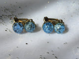 SPARKLING 1950s Art Glass Earrings,Blue Crackle Glass Earrings,Filigree Gold Metal Clip On Earrings, Mid Century,Collectible Jewelry