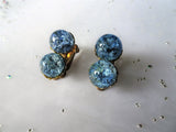 SPARKLING 1950s Art Glass Earrings,Blue Crackle Glass Earrings,Filigree Gold Metal Clip On Earrings, Mid Century,Collectible Jewelry