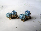 SPARKLING 1950s Art Glass Earrings,Blue Crackle Glass Earrings,Filigree Gold Metal Clip On Earrings, Mid Century,Collectible Jewelry