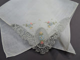 30s VINTAGE Hand Embroidered Hankie Handkerchief,LOVELY Embroidery,FRENCH Lace Corner,Wedding Bridal Bridesmaids Hanky,Collectible Hankies