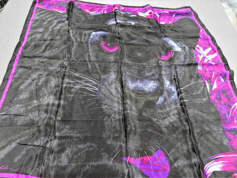 STRIKING Vintage Silk Scarf,BLACK PANTHER,Anne Klein Designer Scarf,Black Pink,Wear It or Frame it,Collectible Vintage Silk Scarves