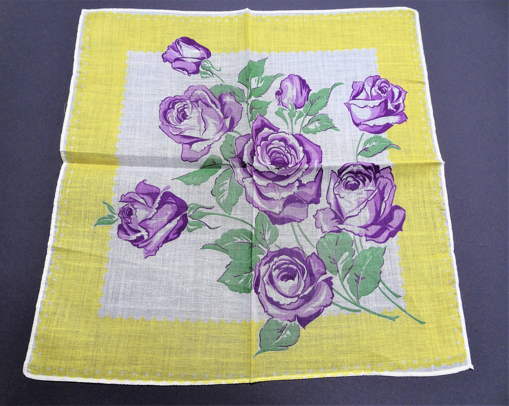 50s VINTAGE Hanky Printed Purple ROSES,Colorful Floral Handkerchief,Frame It Hankie,Collectible Hankies,Shabby Chic,Hankies To Collect