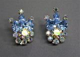 LOVELY Vintage Blue Crystals ,AB Rhinestone Glass Earrings,Floral Design,Austrian Crystals Mid Century Clip On Earrings,Collectible Jewelry