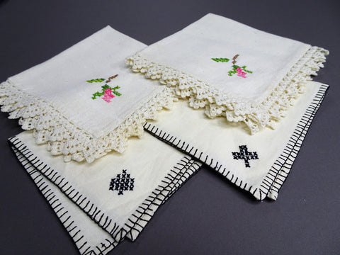 LOVELY Vintage 1930s Napkins,Hand Crochet Lace,Luncheon Napkins,Tea Time Napkins Set of 4 French Cottage Farmhouse Decor Linens