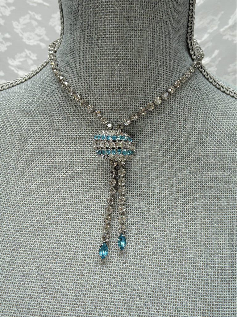 DRAMATIC Art Deco Design Necklace, Sparkling Glass Stones,Brilliant White and Aqua Blue Glass Stones,Unique Design,Collectible Jewelry