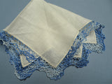 LOVELY Vintage Hanky,Handkerchief,Dainty Hand Made Lace,Blue White Hankie,Something Blue,Bridal Wedding Hankies,Collectible Hanky