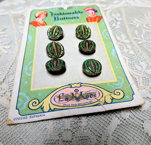 LOVELY 20s Antique BUTTONS,Set of 6 Czech Glass Green Gold Tiny Buttons on Card,Art Deco Flapper Era,DOLL Size,Collectible Vintage Buttons