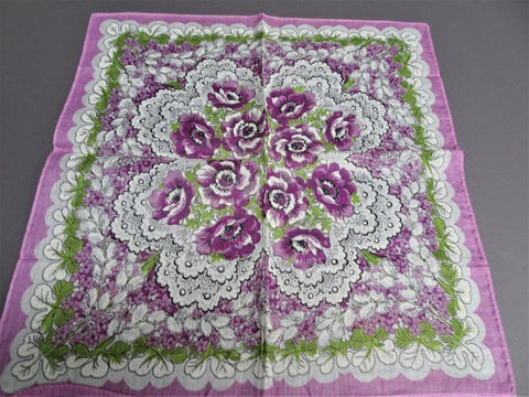 50s VINTAGE Printed Purple Flowers Hanky,Colorful Floral Handkerchief,Collectible Hankies,Shabby Chic Hankie,Collectible Mid Century Hankies