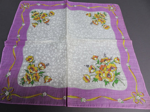 50s VINTAGE Hanky Printed Flowers,Ribbon Motifs,Colorful Handkerchief,Frame It Hankie,Collectible Hankies,Shabby Chic,Hankies To Collect