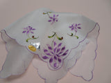 LOVELY VINTAGE HANKIE,Handkerchief,Delicate,Dainty purple flowers,Hand Embroidered Hanky,Swiss Embroidery,Collectible Vintage Hankies