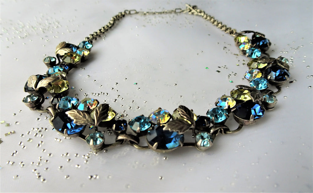 GORGEOUS Mid Century Necklace, Sparkling Faceted Crystal Stones,Blues,Champagne, Ab Stones,Intricate Silver Tone Metal, Collectible Jewelry