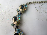 GORGEOUS Mid Century Necklace, Sparkling Faceted Crystal Stones,Blues,Champagne, Ab Stones,Intricate Silver Tone Metal, Collectible Jewelry