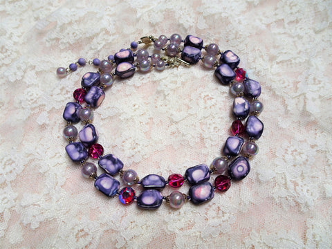 Vintage 50s AMAZING Double Strand Bead and Cut Crystal Necklace,Purples Pinks Fuschia Colors,Day or Evening,Collectible Costume Jewelry