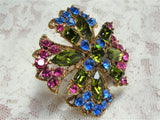 SPARKLING Art Glass Rhinestone Brooch,Beautiful Glass Brooch,Pink,Blue,Green Faceted Stones Pin,Collectible Vintage Mid Century Jewelry