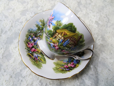 SWEET Royal Vale English Bone China Teacup and Saucer,English Thatched Cottage,Rich Colors,Pedestal Cup,Collectible Vintage Teacups