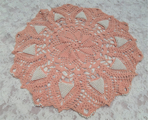 CHARMING Vintage Doily,PINK Hand Crocheted Doily with Beads,French Country,Farmhouse,Romantic Cottage Decor,Collectible Doilies